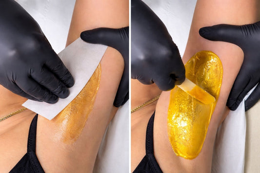 Two side-by-side close-up images show a Underarm during a hair removal treatment.