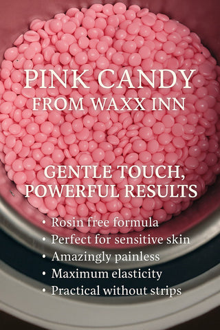 Waxx Inn Pink Candy Expert Stripless Hot Wax Beads 1kg black pouch – front view with Pink Candy label, gentle depilatory hard wax for sensitive skin, professional formula made in Italy