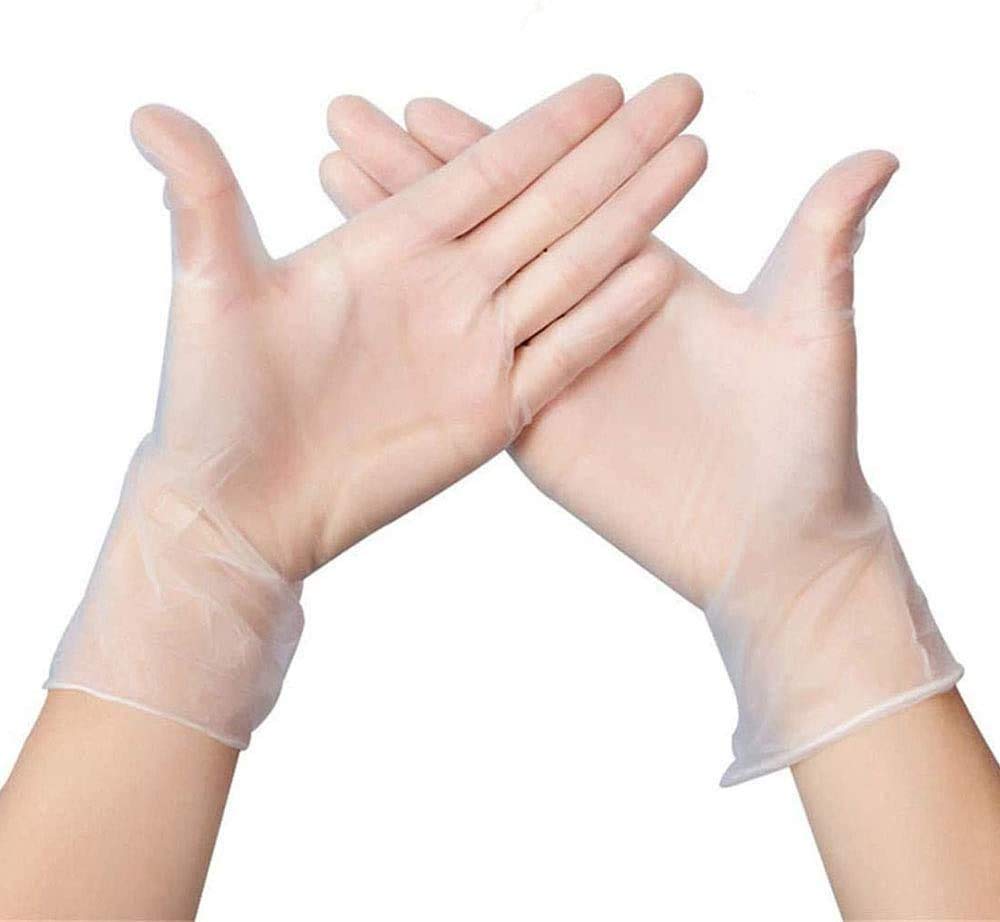 Clear vinyl disposable gloves worn on both hands
