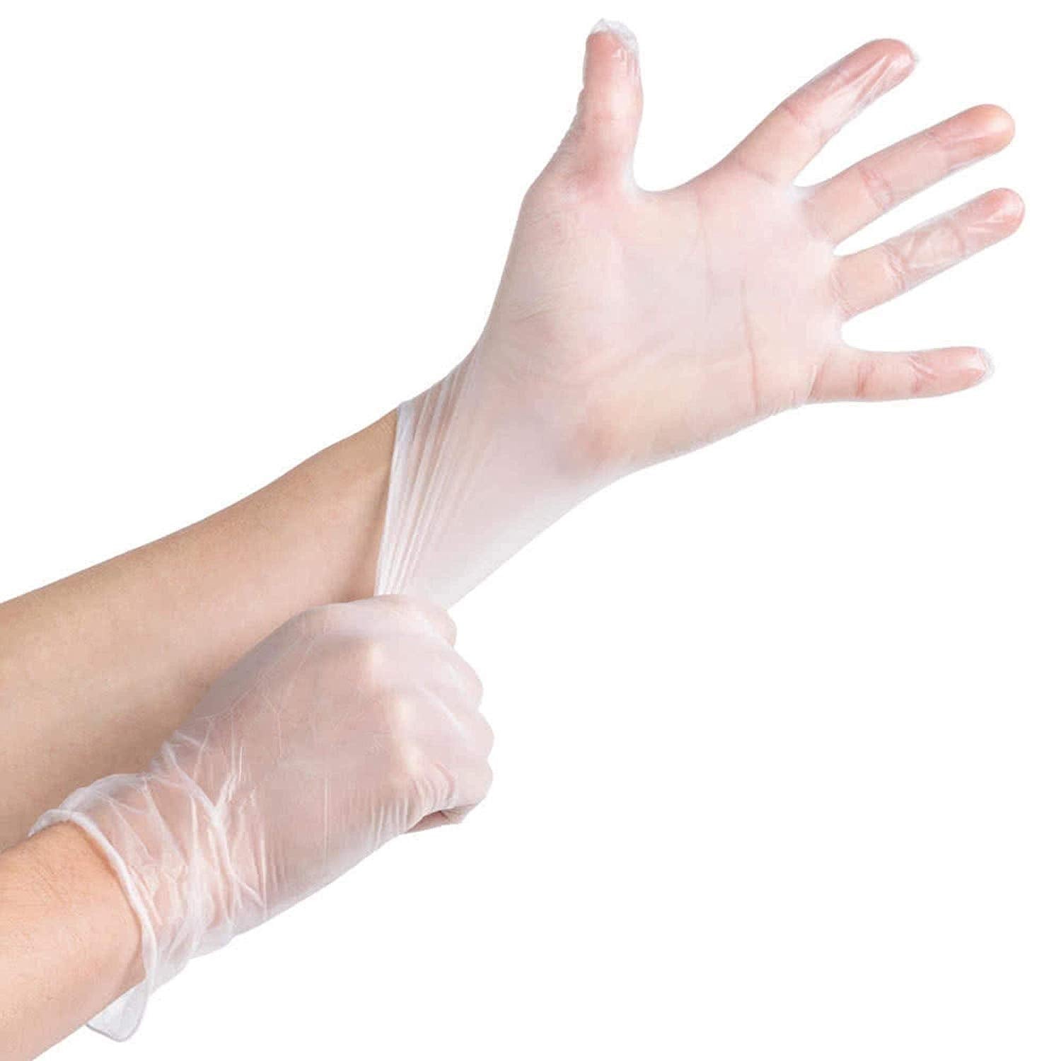 Clear vinyl disposable glove being put on