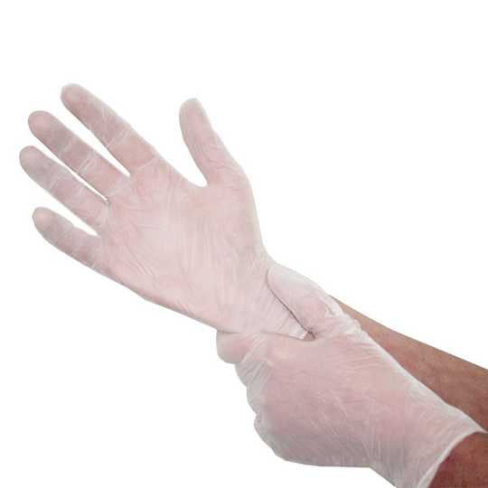 Clear vinyl disposable gloves on hands