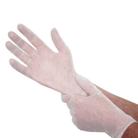 Clear vinyl disposable gloves on hands