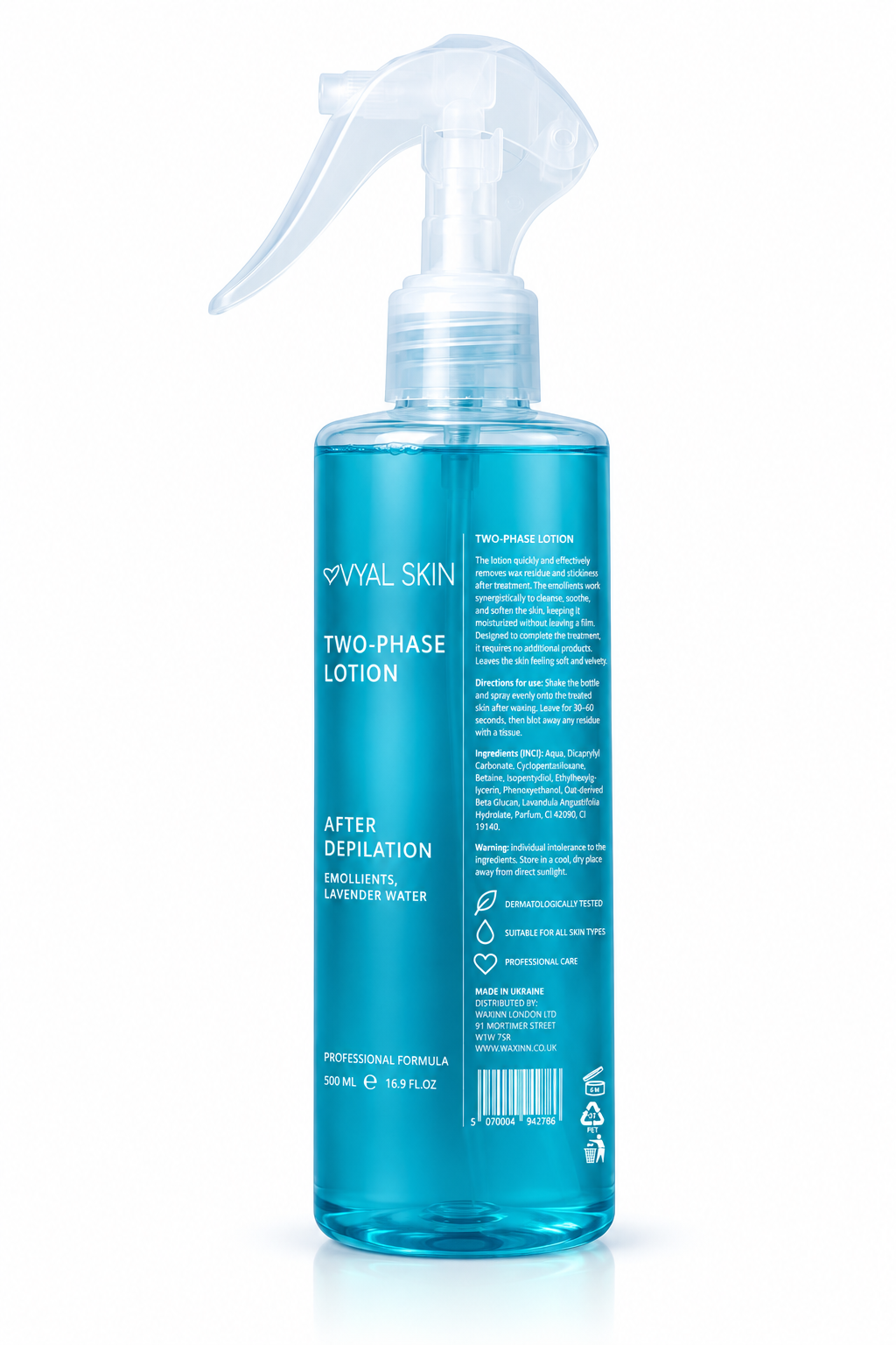 VYAL SKIN Two-Phase Lotion After Depilation back label showing full ingredients list and directions for use – professional formula 500ml spray bottle