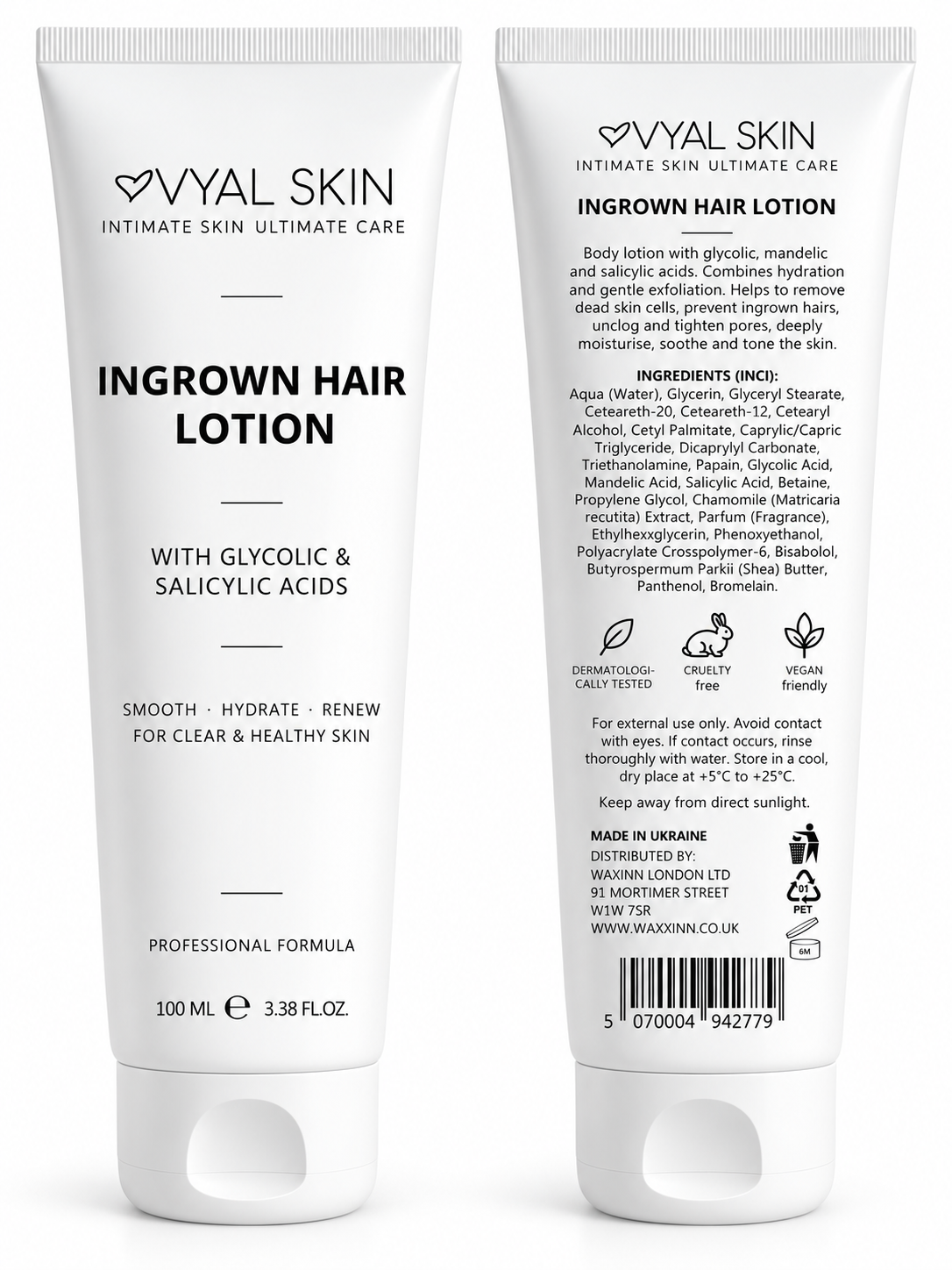 VYAL SKIN Ingrown Hair Lotion front and back label showing full ingredients list – dermatologically tested, cruelty free, vegan friendly, 100ml