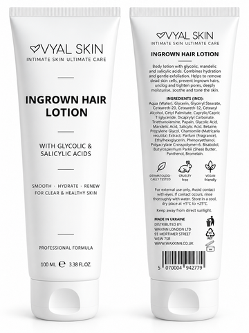 VYAL SKIN Ingrown Hair Lotion front and back label showing full ingredients list – dermatologically tested, cruelty free, vegan friendly, 100ml