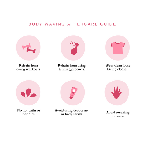 Body waxing aftercare guide – six post-wax care tips: no workouts, no tanning products, wear loose clothing, no hot baths, no deodorant or body sprays, avoid touching the area