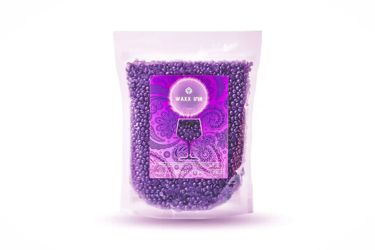 Bag of Sangria - Hot Wax 500gr purple wax beads with a decorative “Waxx Inn London” label.