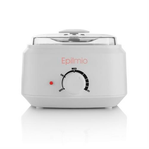 Epilmio Wax Warmer 400ml front view – white electric wax pot heater with temperature control knob and red indicator light, suitable for hard wax beads and soft wax, professional depilatory heater