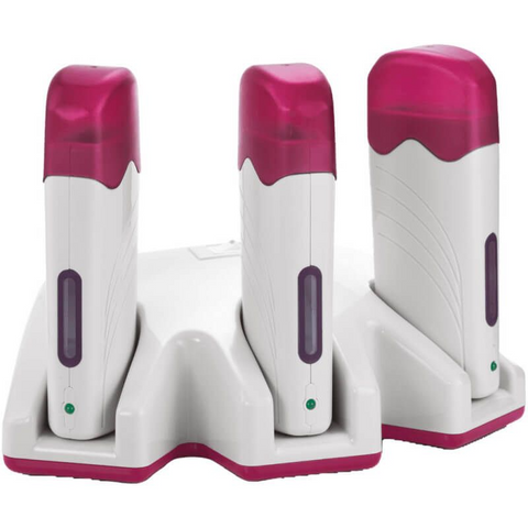 Cartridge Wax Heater Executive Trio Kit – three white and pink roll-on wax warmers in a shared docking base, holds three 100ml cartridges simultaneously, professional salon wax heating station
