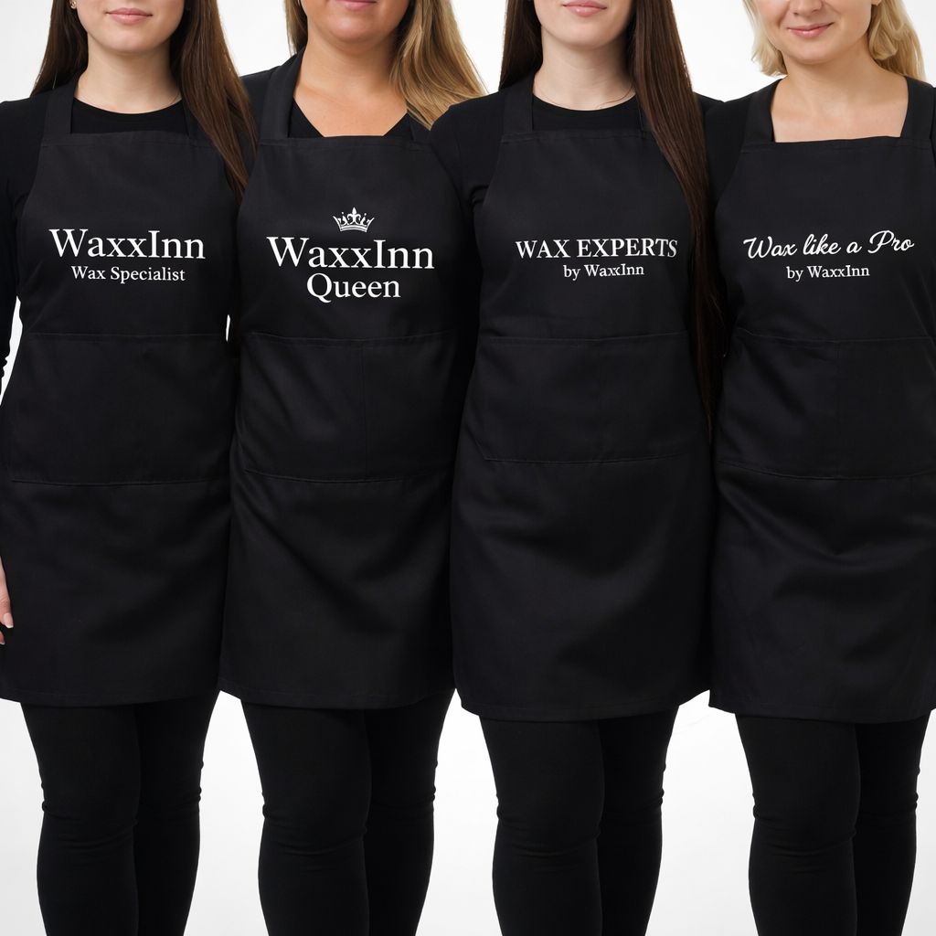 Four people wearing black aprons with WaxxInn branding on a white background