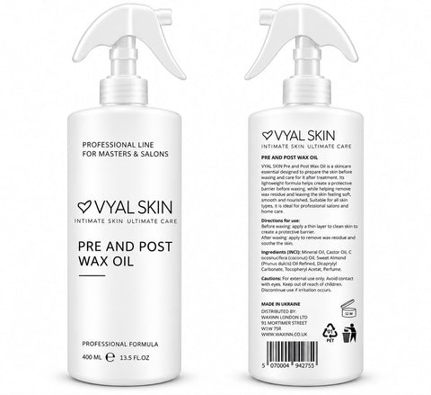 VYAL SKIN Pre and Post Wax Oil front and back label showing ingredients – Mineral Oil, Castor Oil, Coconut Oil and Sweet Almond Oil, 400ml professional wax oil