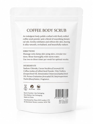 VYAL SKIN Coffee Body Polish Scrub 200g back label with full ingredients list – Coffea Arabica Seed Powder, Coconut Oil, Jojoba Oil, Avocado Oil and Shea Butter, cruelty free, vegan, recyclable