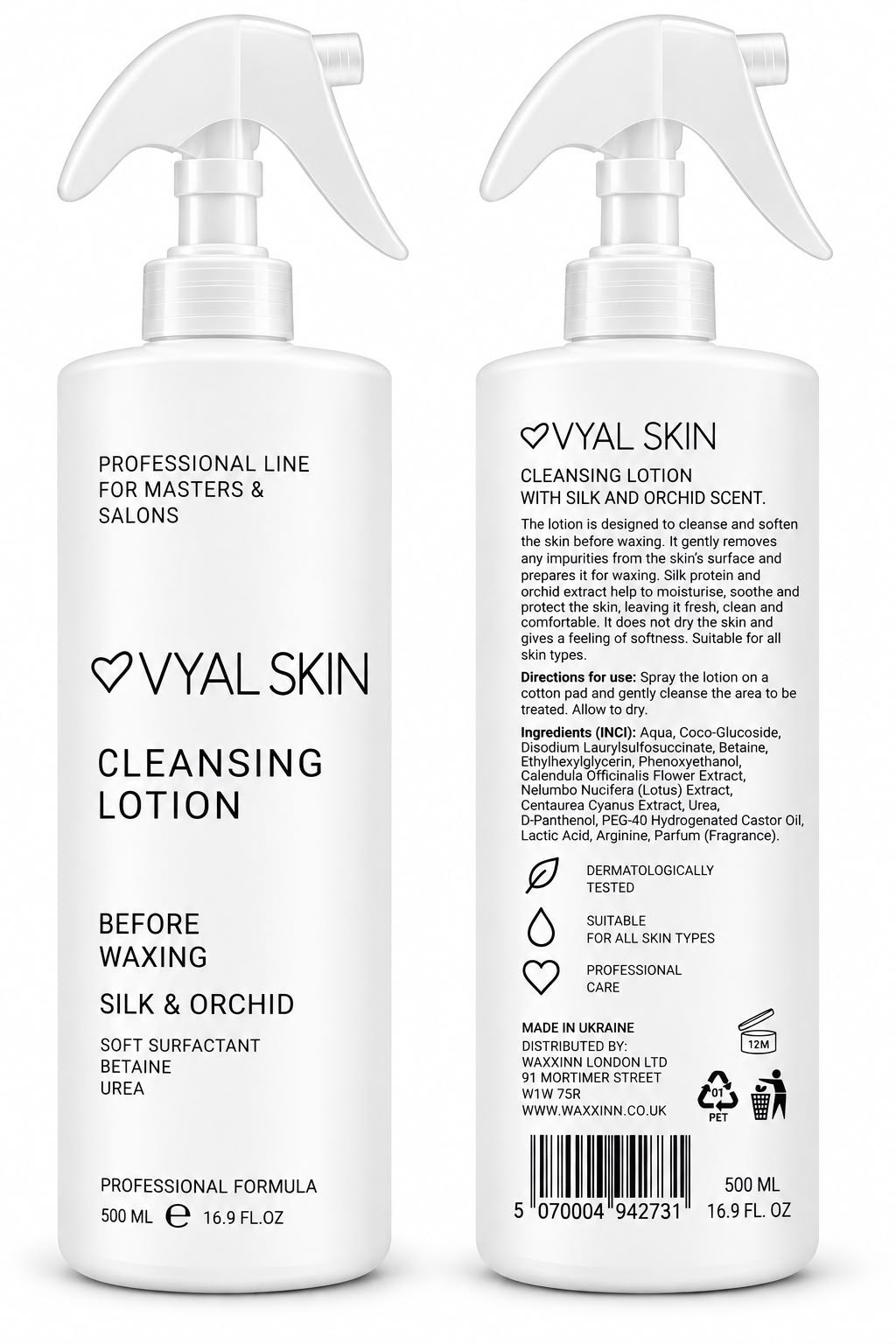 VYAL SKIN Silk & Orchid Cleansing Lotion 500ml - front and back with ingredients