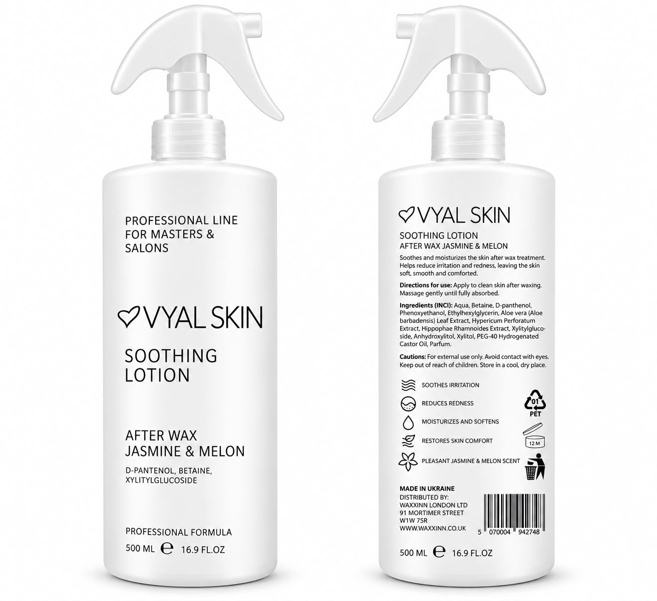 VYAL SKIN Jasmine & Melon Soothing Lotion After Wax 500ml - front and back with ingredients