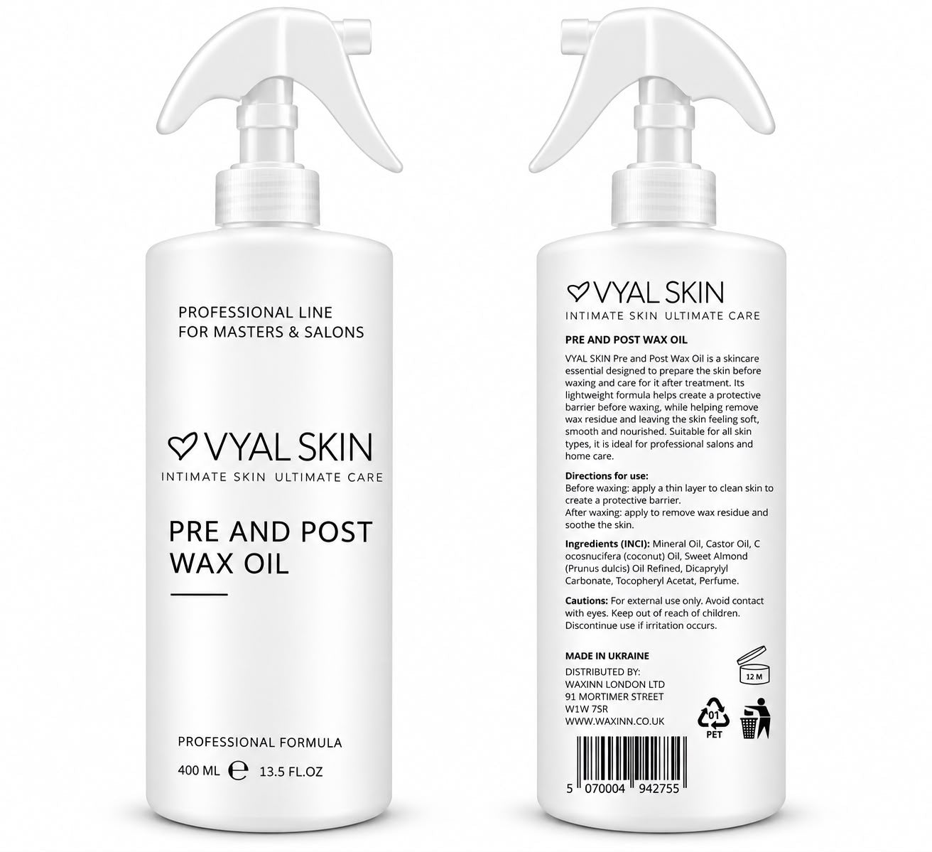 VYAL SKIN Pre and Post Wax Oil 400ml - front and back with ingredients