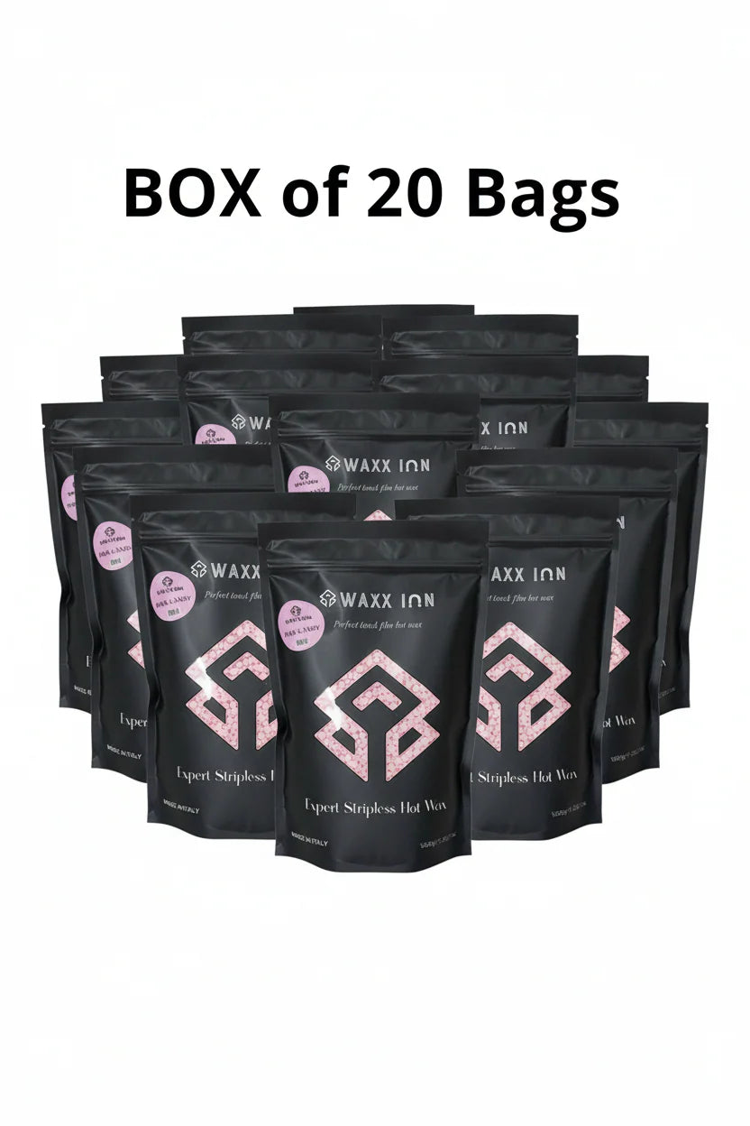 Box of 20 black wax bags with pink logo on a white background