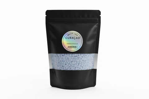 Waxx Inn Curaçao Expert Stripless Hot Wax Beads 250g sample pouch – light blue rosin-free hard wax beads with holographic label, professional formula made in Italy