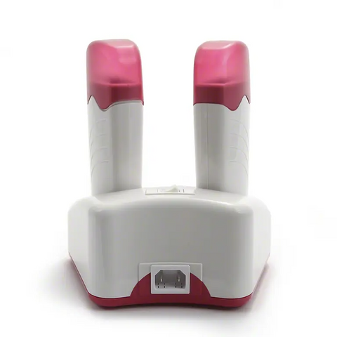 Wax Roller Executive Duo Kit rear view – two white and pink roll-on cartridge heaters in dual base showing power inlet socket, professional cartridge wax heating station