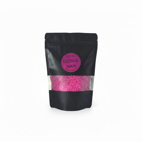 Waxx Inn Fuchsia Expert Stripless Hot Wax Beads 250g sample pouch – vibrant fuchsia pink rosin-free hard wax beads for sensitive skin, professional formula made in Italy