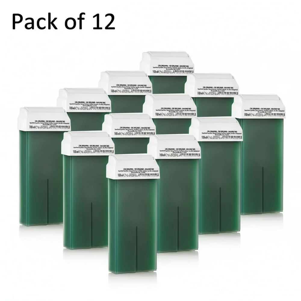 Pack of 12 green containers with white labels on a white background