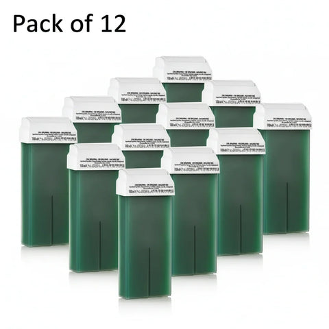 Waxx Inn Chlorophylle Roll-On Soft Wax Cartridges 100ml pack of 12 – green chlorophyll soft wax cartridges stacked, bulk supply for professional waxing masters and salons