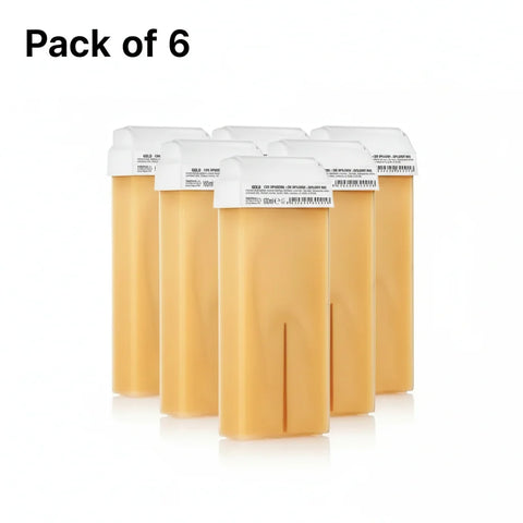 Xanitalia Gold Roll-On Soft Wax Cartridges 100ml pack of 6 – six golden soft wax cartridges arranged in a cluster, professional roll-on depilatory wax for salon use