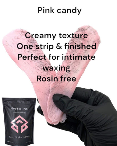 Waxx Inn Pink Candy Expert Stripless Hot Wax Beads 1kg – angled view of black pouch with soft pink wax beads, stripless film hot wax for sensitive skin, made in Italy