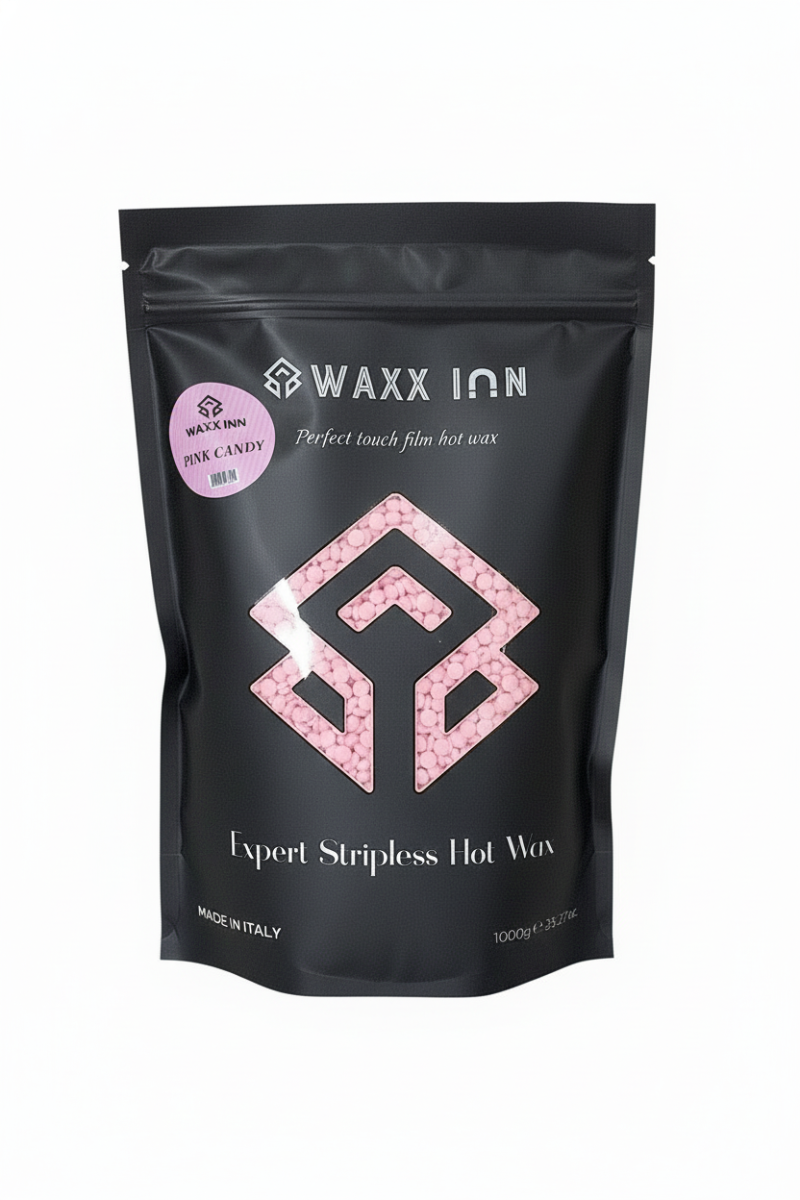 Waxx Inn Pink Candy Expert Stripless Hot Wax Beads 1kg – black pouch with pink candy label, soft pink hard wax beads for sensitive skin, professional stripless formula made in Italy