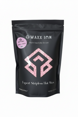 Waxx Inn Pink Candy Expert Stripless Hot Wax Beads 1kg – black pouch with pink candy label, soft pink hard wax beads for sensitive skin, professional stripless formula made in Italy