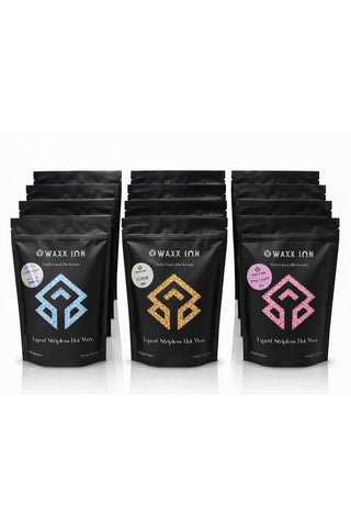 Waxx Inn Mix & Match Salon Pro 12kg bundle – three varieties of Expert Stripless Hot Wax beads in black pouches: Curacao, Elixir and Pink Candy, made in Italy, professional formula