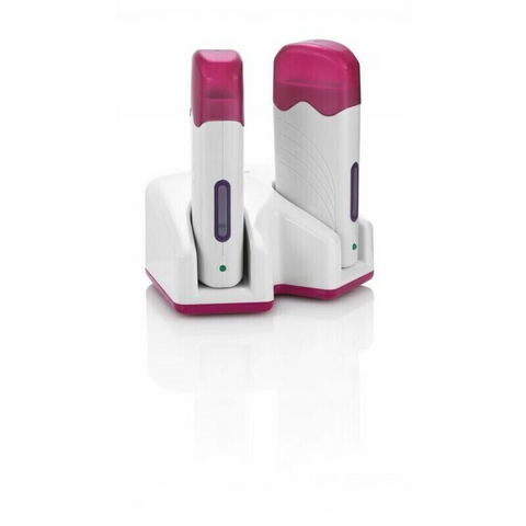 Wax Roller Executive Duo Kit – two white and pink roll-on cartridge heaters in a dual docking base, angled front view, professional roll-on wax heating station for salon use