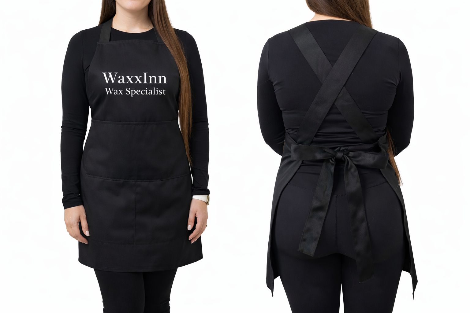 Black apron with 'WaxxInn Wax Specialist' text on a white background